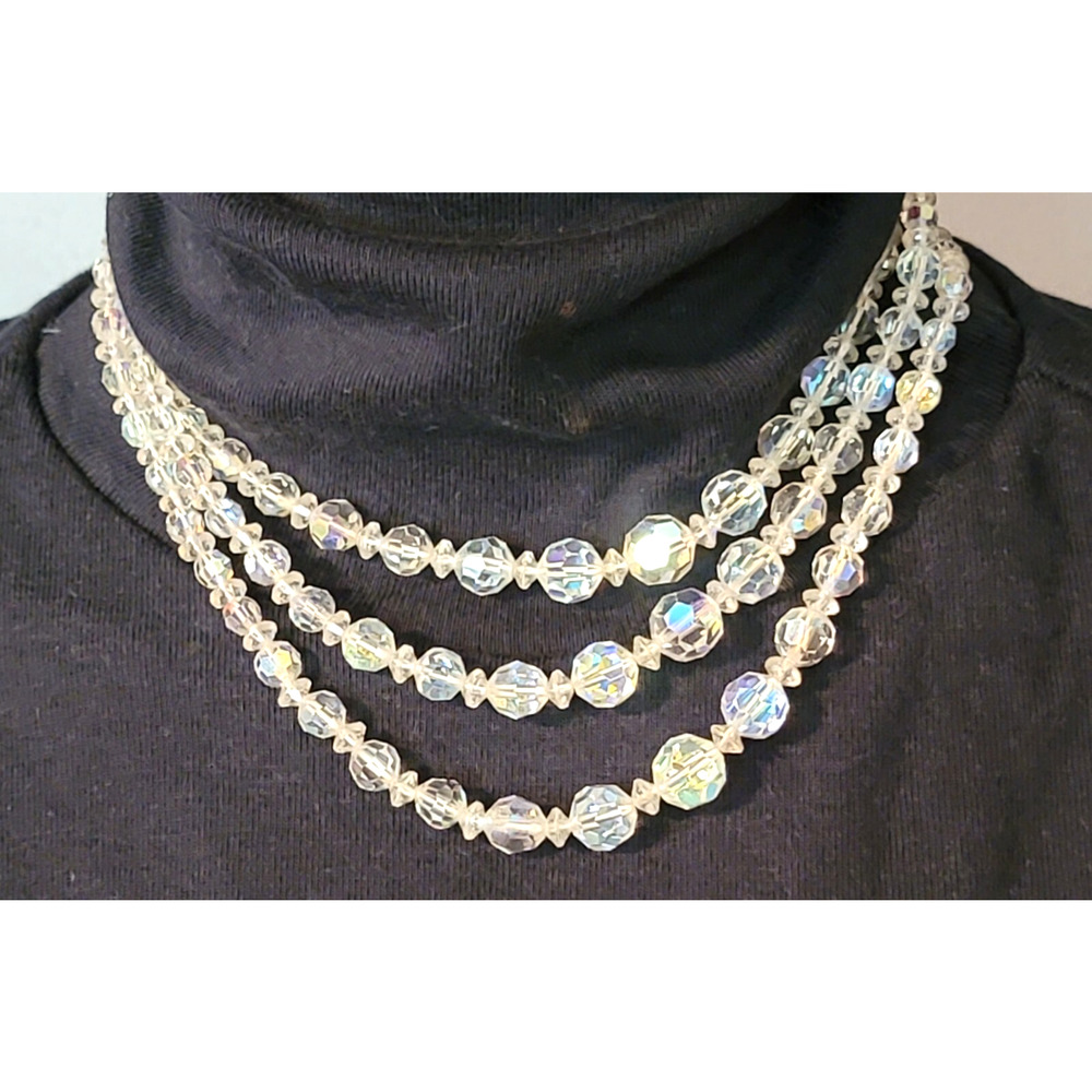 Vintage Mid-century Crystal Beaded Necklace, 3 Strands, AB, Graduated wh02-22 - Picture 2 of 6